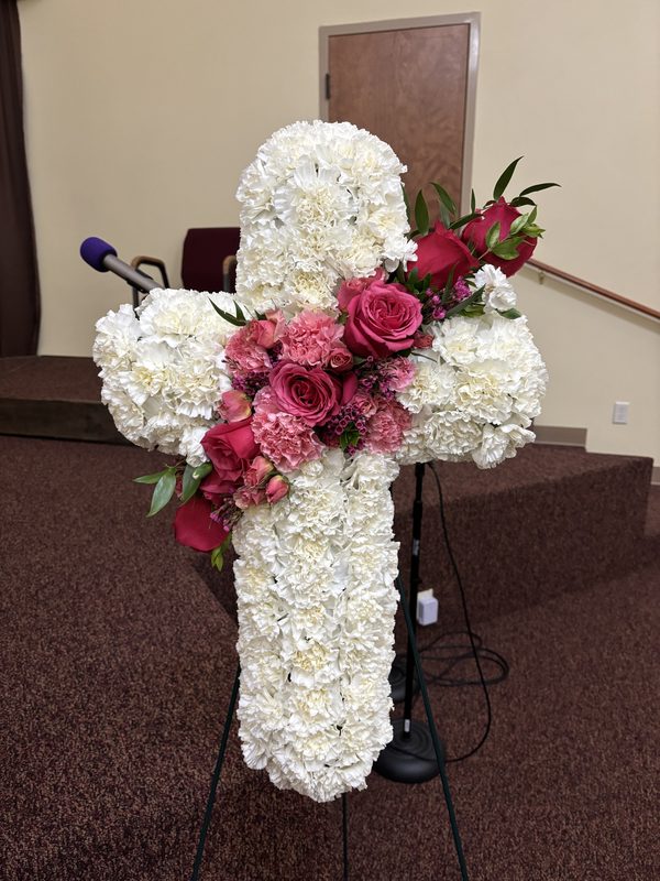 Floral Cross - White carnation cross with pink rose accents