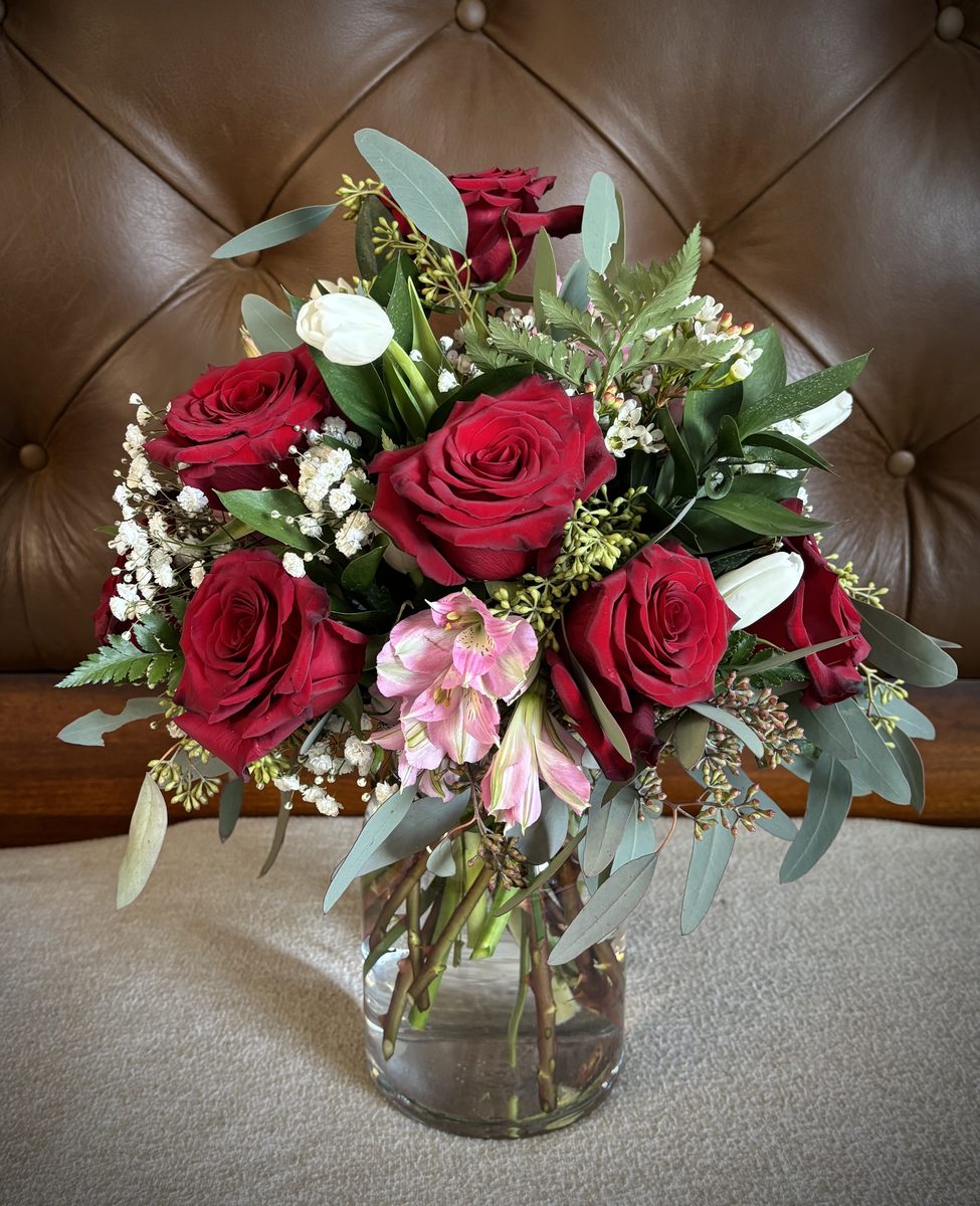 Deluxe Dozen - Red roses with pink alstroemeria and baby's breath