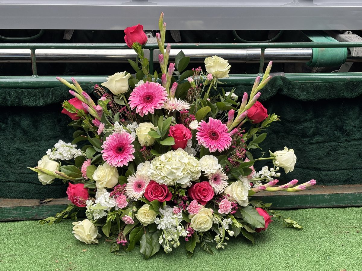 Deluxe Sympathy Basket - Pink gerbera daisies, white hydrangeas, and roses with gladiolus