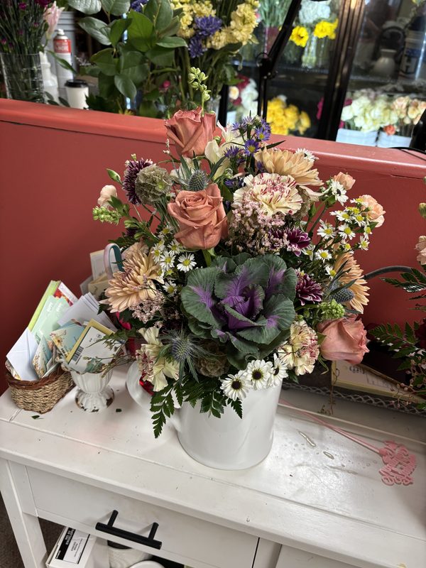 Harvest Pitcher - Rustic arrangement with roses, daisies, and ornamental kale