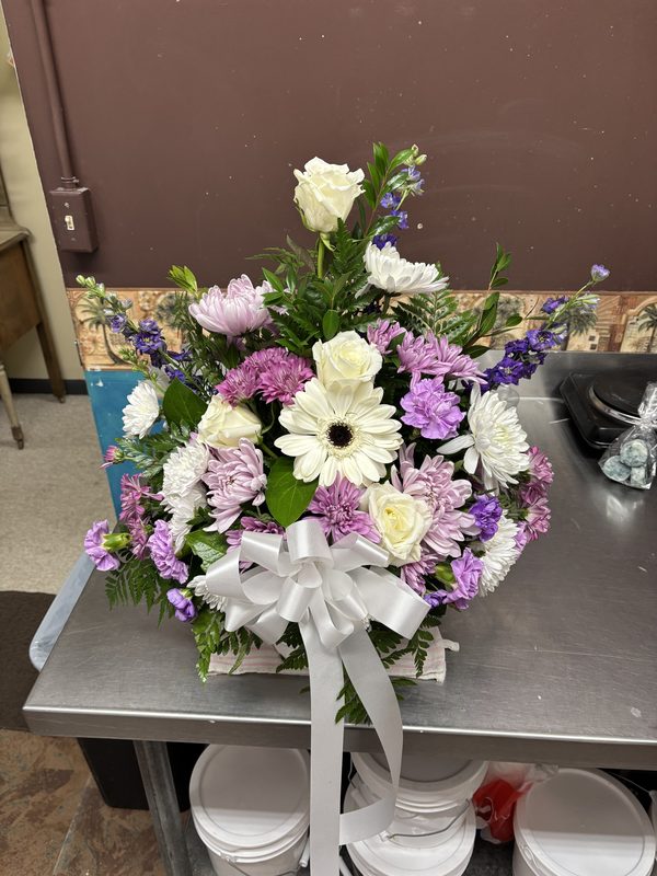 Lavender Sympathy Basket - Purple and white flowers with satin bow