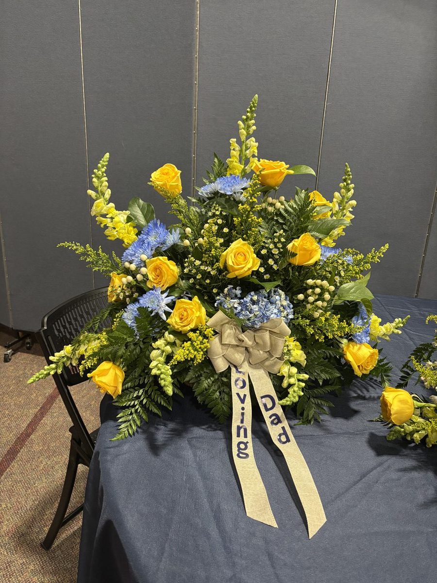 Sympathy Basket - Yellow roses with blue hydrangea and memorial ribbon