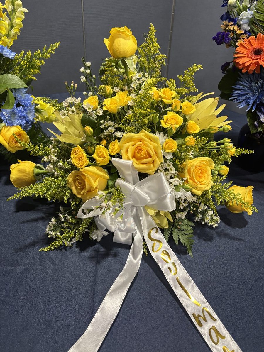 Sympathy Basket - Yellow roses and gerbera daisies with white satin bow